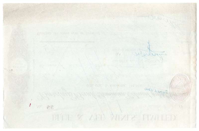 1940 Southern Rhodesia, Barclays Bank - Blue & Vee Mines, Limited Cheque issued for £7 , struck with