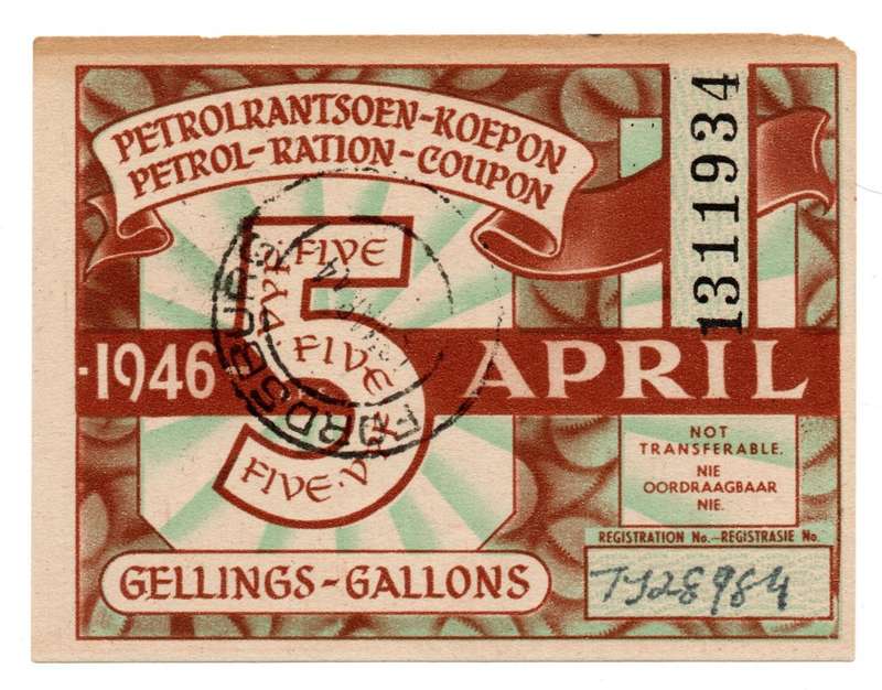 1946 South Africa Petrol Coupon 5 Gallons