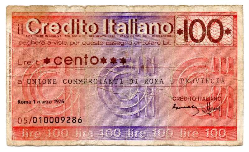 1976 Italy Rome 100 Lire Cheque