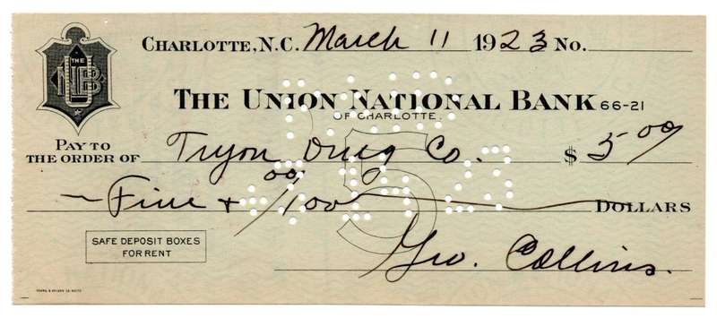 1923 United States, Charlotte The Union National Bank $5 Cheque