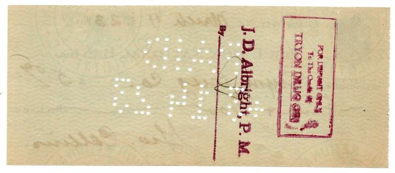 1923 United States, Charlotte The Union National Bank $5 Cheque