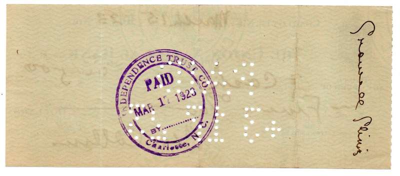 1923 United States, Charlotte The Union National Bank $5 Cheque, Cancelled by the Independence Trust