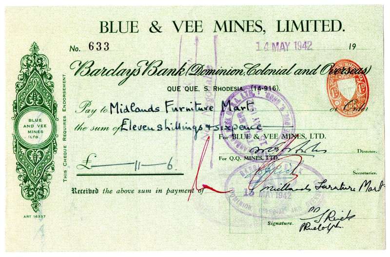 1942 Southern Rhodesia, Barclays Bank - Blue & Vee Mines, Limited Cheque issued for £0, 11 Shillings