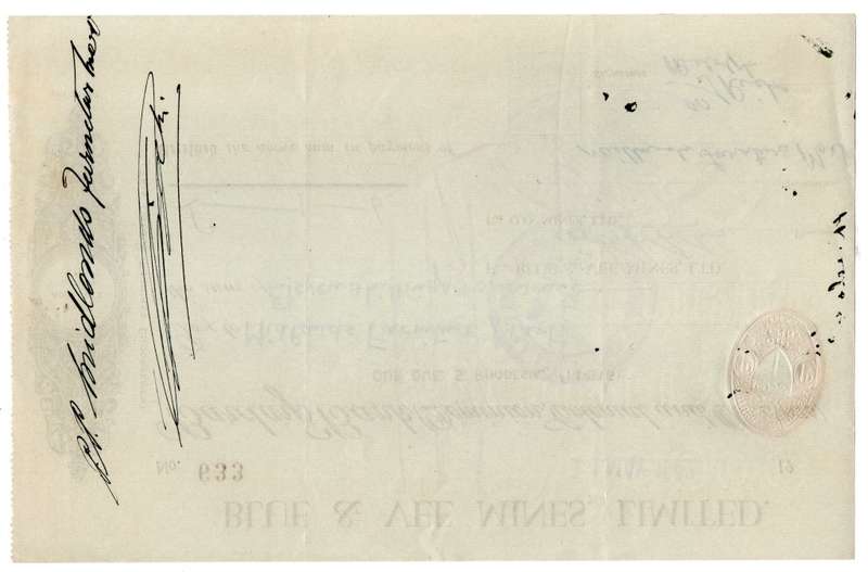 1942 Southern Rhodesia, Barclays Bank - Blue & Vee Mines, Limited Cheque issued for £0, 11 Shillings