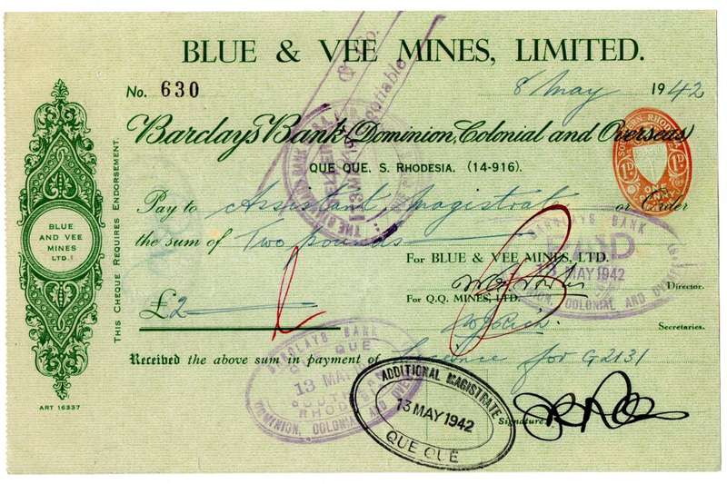 1942 Southern Rhodesia, Barclays Bank - Blue & Vee Mines, Limited Cheque issued for £2 , struck with