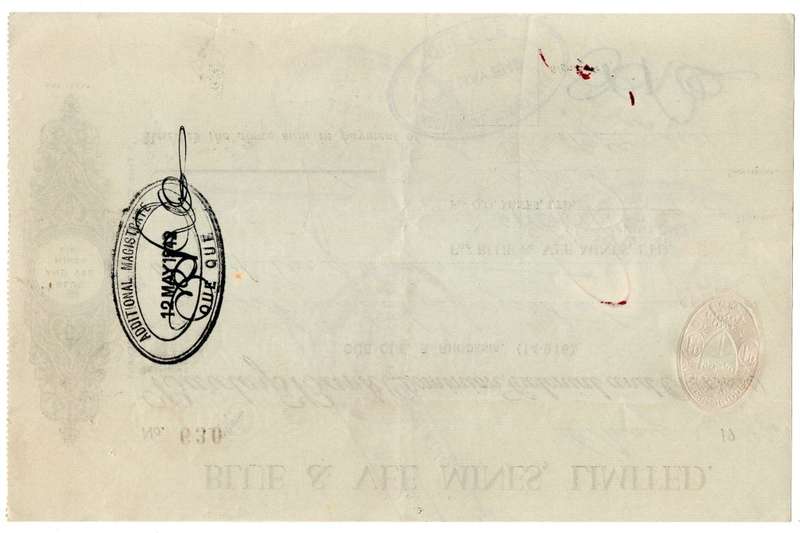1942 Southern Rhodesia, Barclays Bank - Blue & Vee Mines, Limited Cheque issued for £2 , struck with