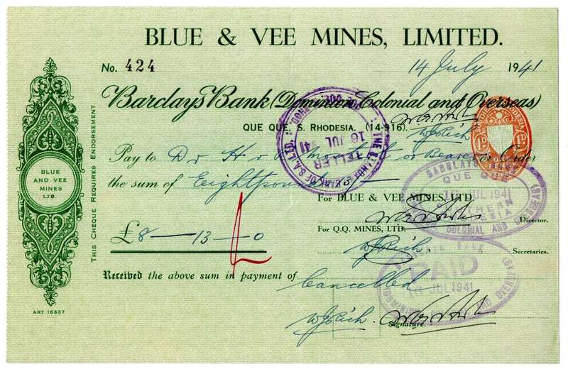 1941 Southern Rhodesia, Barclays Bank - Blue & Vee Mines, Limited Cheque issued for £8, 13 Shillings