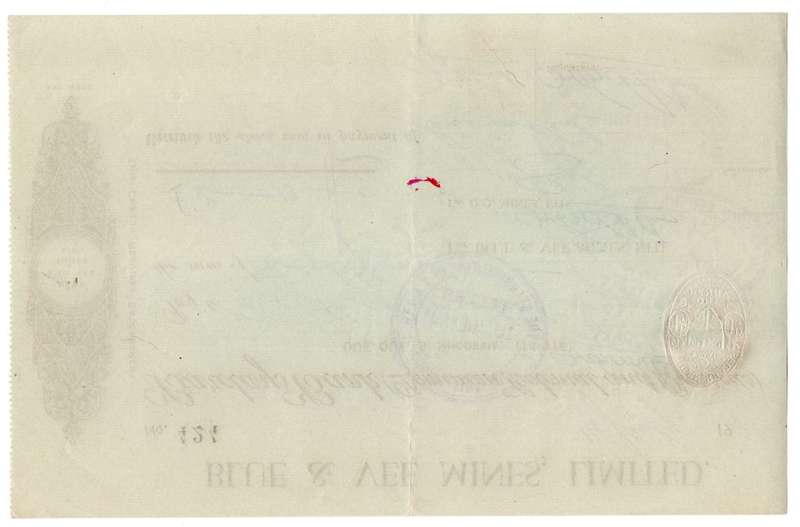 1941 Southern Rhodesia, Barclays Bank - Blue & Vee Mines, Limited Cheque issued for £8, 13 Shillings