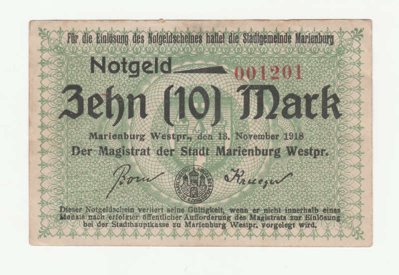 1918 German Stadt Marienburg 10 Mark cancelled
