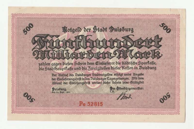 1923 German Rheinland Stadt Duisburg 500 Million Mark