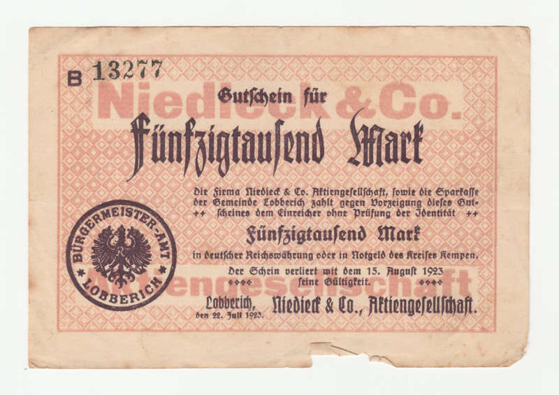 1923 Lobberich, Niedieck & Co. AG issued 500 000 Mark