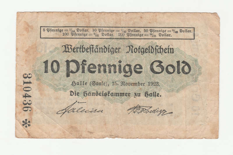 Rare 1923 German 10 Gold Pfennig 1/42 Dollar Replacement Note