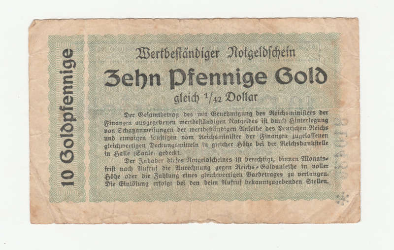 Rare 1923 German 10 Gold Pfennig 1/42 Dollar Replacement Note