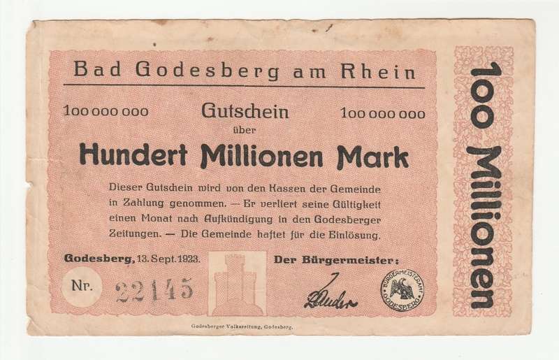 1923 German Bad Godesberg 100 Million Mark