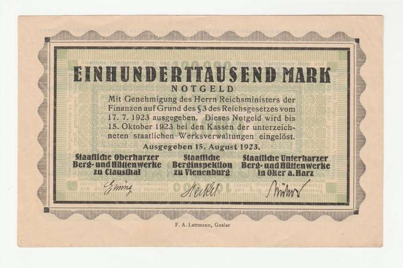 1923 German Herrnstadt 100 000 Mark