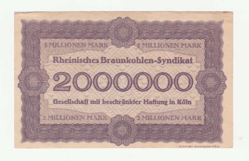 1923 German Braunkohle Syndicate Koln Stadt 2 Million Mark