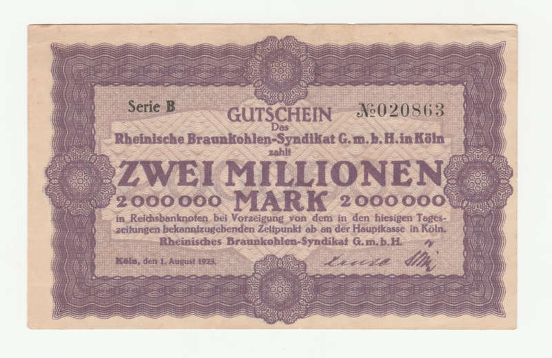 1923 German Braunkohle Syndicate Koln Stadt 2 Million Mark