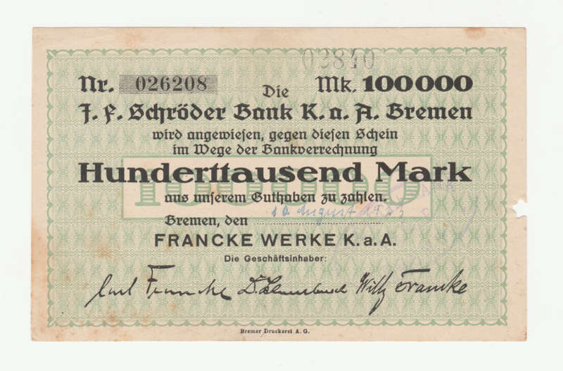 1923 German Bank of Bremen 100 000 Mark, Franke Werk K.a.A business issue note