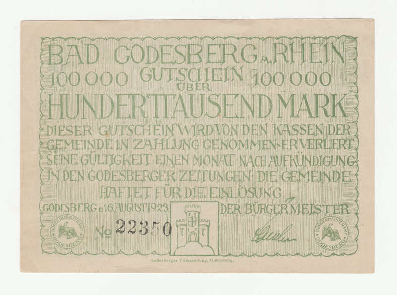 1923 German Stadt Godesburg 100 000 Mark
