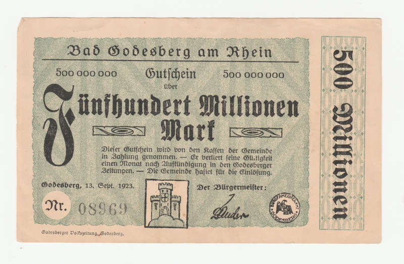 1923 German Stadt Godesburg 500 000 000 Mark, Lower Serial `08969`