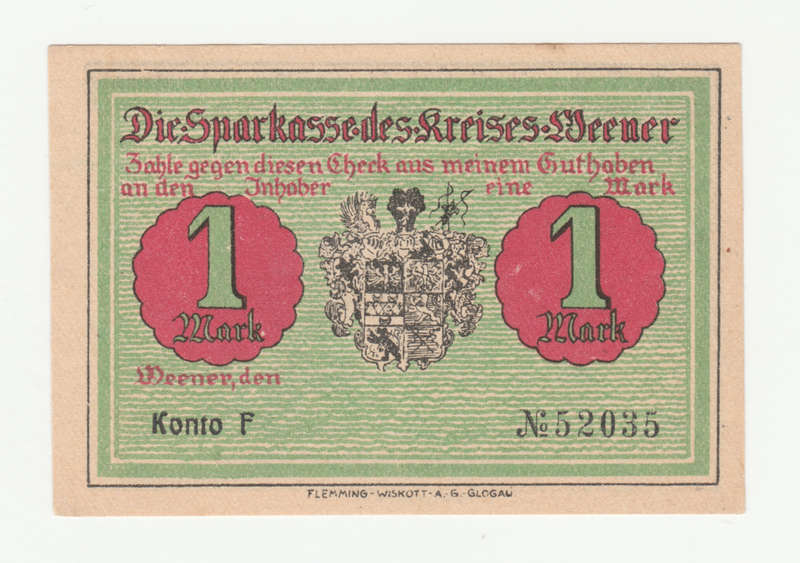 1921 Rare German Weener Sparkasse des Kreises 1 Mark Konto F