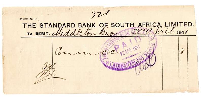 1911 The Standard Bank of South Africa Limited withdrawal receipt, 2 Shillings