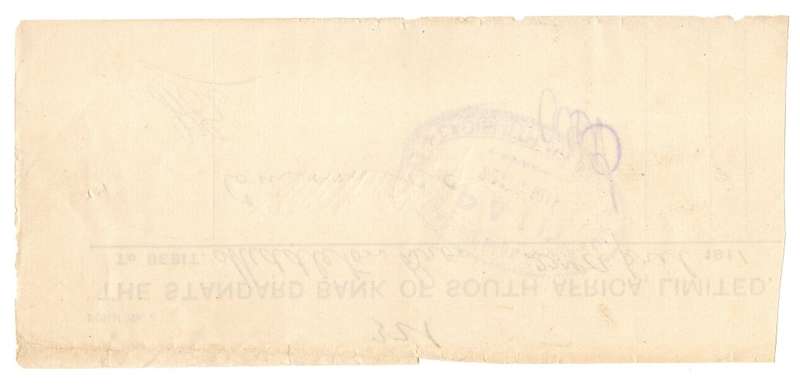 1911 The Standard Bank of South Africa Limited withdrawal receipt, 2 Shillings