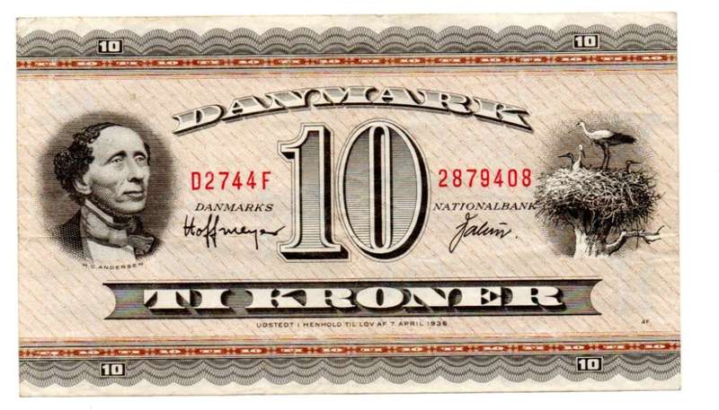 1954-55 Denmark 10 Kroner, Pick#44d (Center fold)