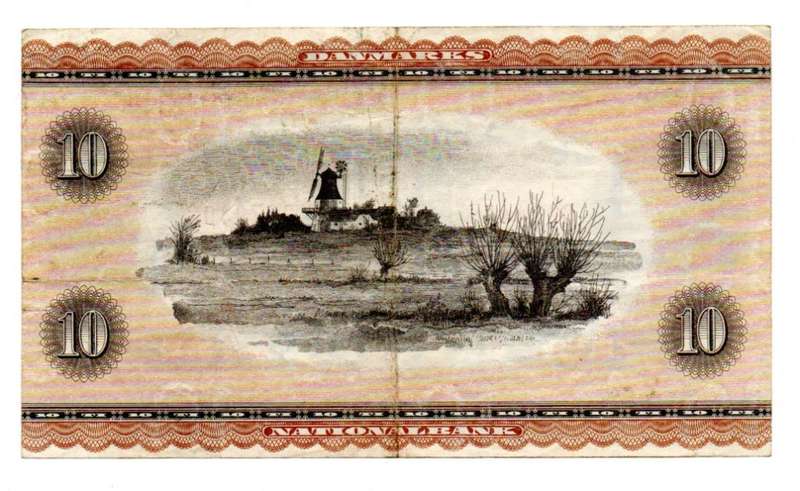 1954-55 Denmark 10 Kroner, Pick#44d (Center fold)