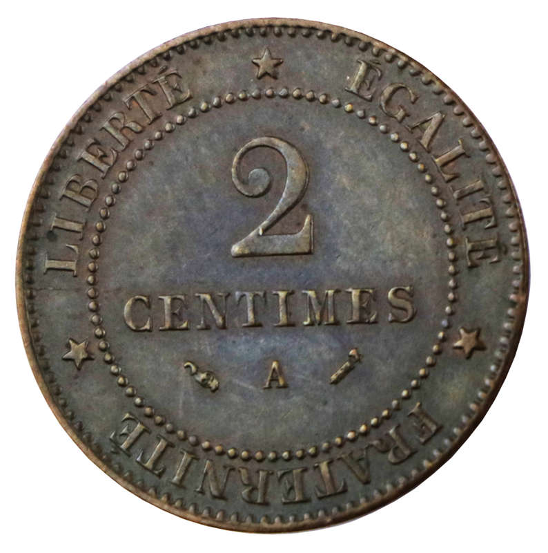 1895-A Paris France 2 Centimes, petit A variety, Toned
