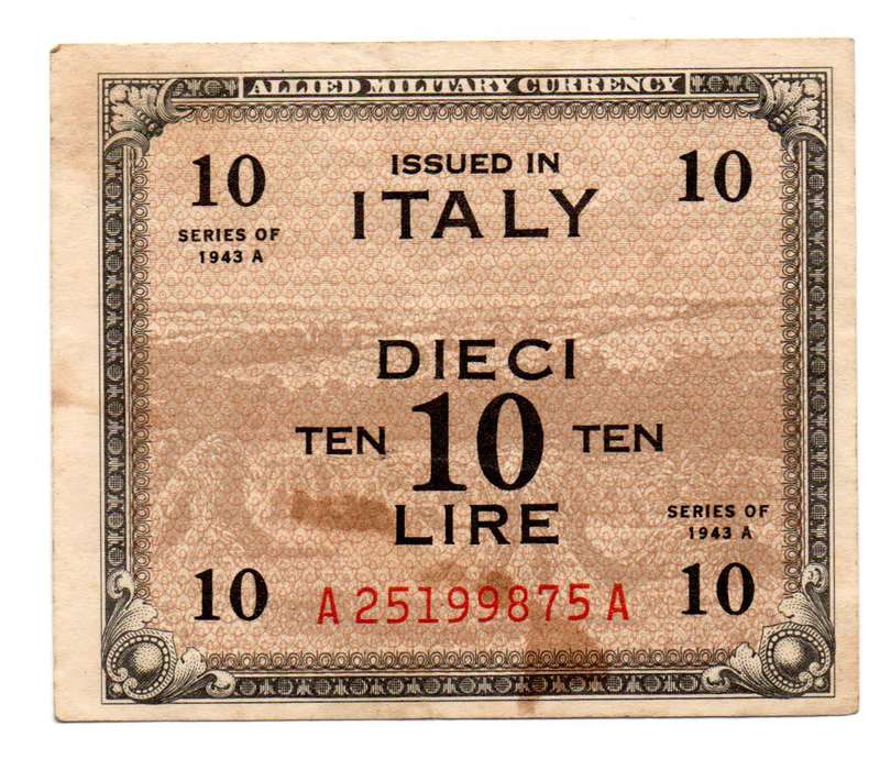 1943-A Italy Allied Military Currency 10 Lire