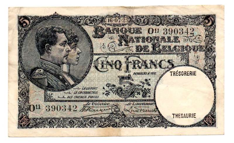 1929 Belgium 5 Franc, Pick#97b