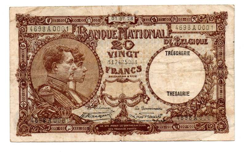 1928 Belgium 20 Franc, Pick#98b, `A0001`