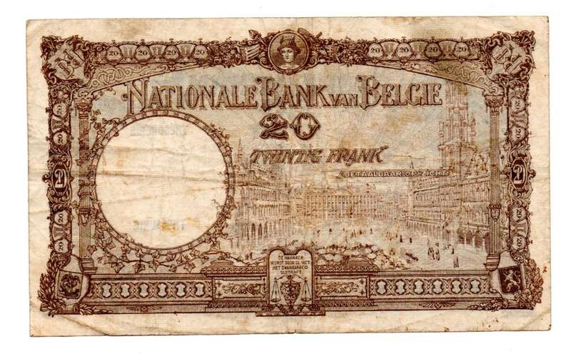 1928 Belgium 20 Franc, Pick#98b, `A0001`