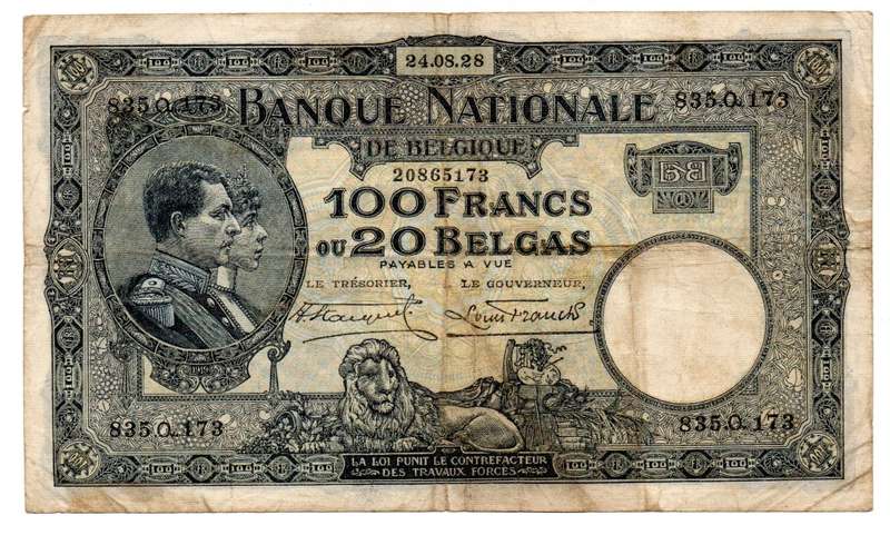 1928 Belgium 100 Francs/20 Belgas, Pick#102