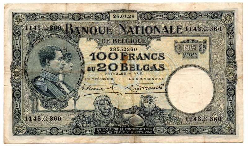 1929 Belgium 100 Francs/20 Belgas, Pick#102, Edge tear