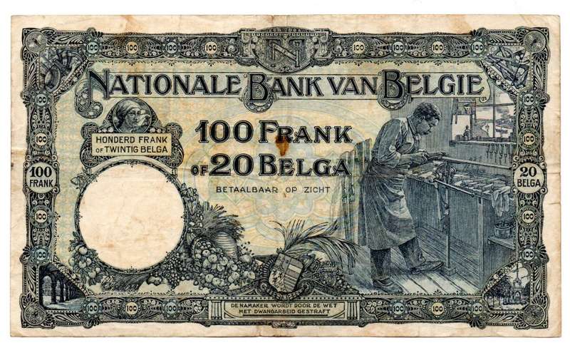 1929 Belgium 100 Francs/20 Belgas, Pick#102, Edge tear