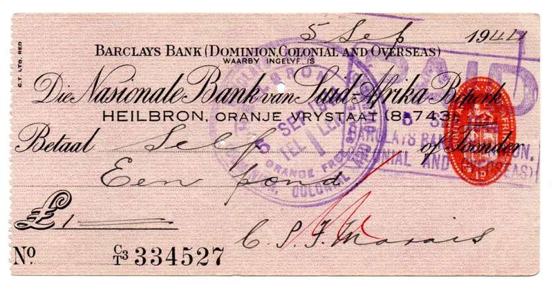 1944 Die Nationale Bank van Suid Afrika (Barclys Bank) Heilbron Cheque, Oranje Vrystaat 1 Pound