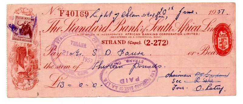 1957 The Standard Bank of South Africa Cheque, Strand Cape, 13 Pounds with Chairman, secretary and T
