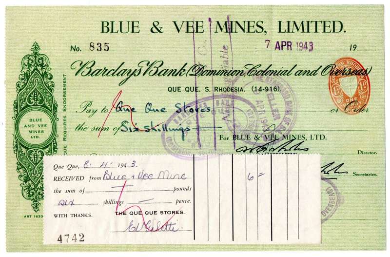 1943 Southern Rhodesia, Barclays Bank - Blue & Vee Mines, Limited Cheque issued for £0, 6 Shillings,