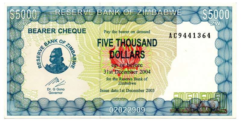 2003 Zimbabwe Emergency Bearer Check $5 000 Pick#21d
