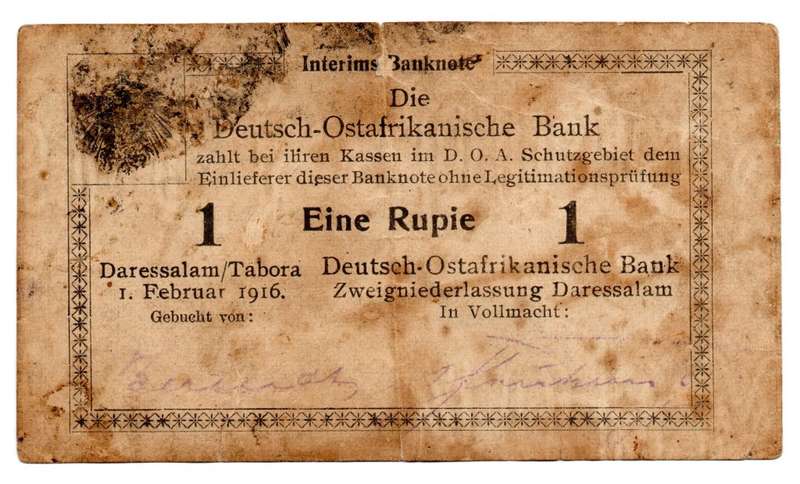 1916 German East Africa 1 Rupie Pick#18, top edge tear