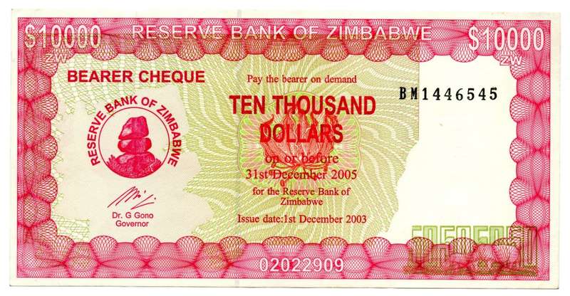 2003 Zimbabwe Emergency Bearer Check $10 000 Pick#22d