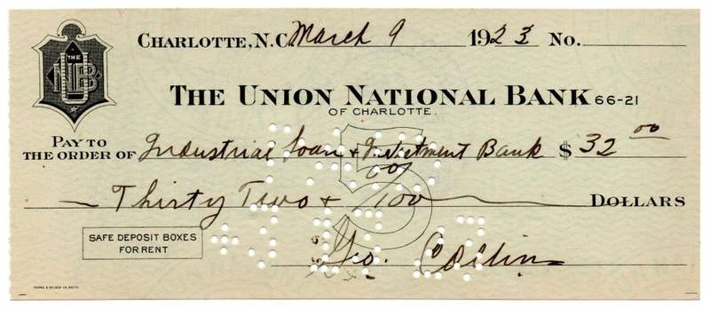 1923 United States, Charlotte The Union National Bank $32 Cheque, Cancelled by the Independence Trus