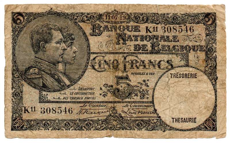 1929 Belgium 5 Franc, Pick#97b