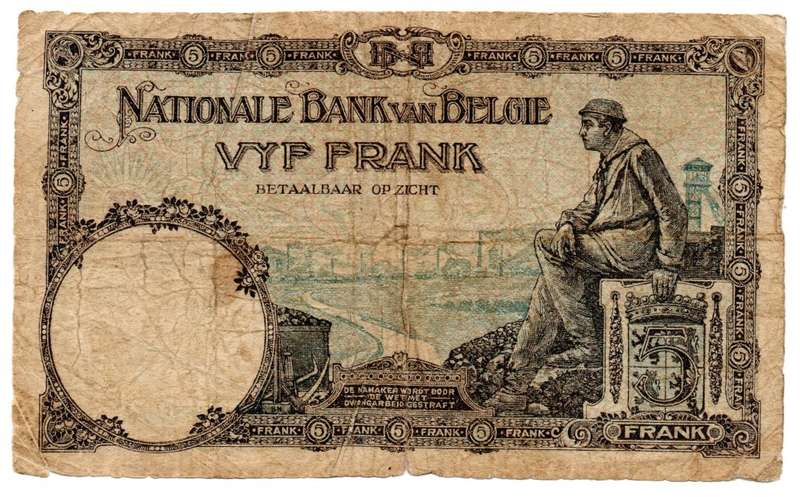 1929 Belgium 5 Franc, Pick#97b