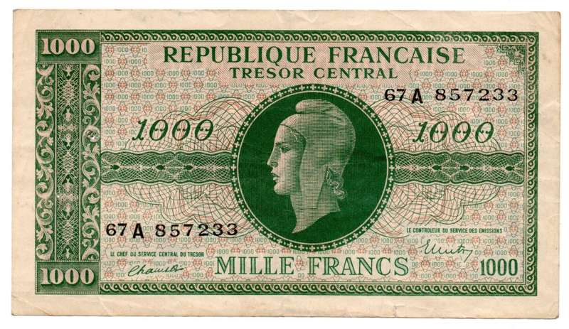 1944 France 1000 Francs Pick#107, 8 tiny pin holes, bottom right edge tear