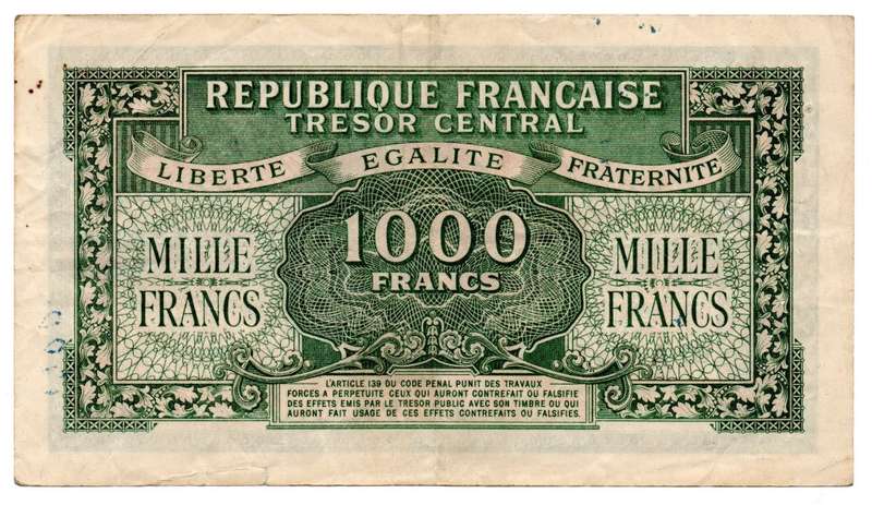 1944 France 1000 Francs Pick#107, 8 tiny pin holes, bottom right edge tear
