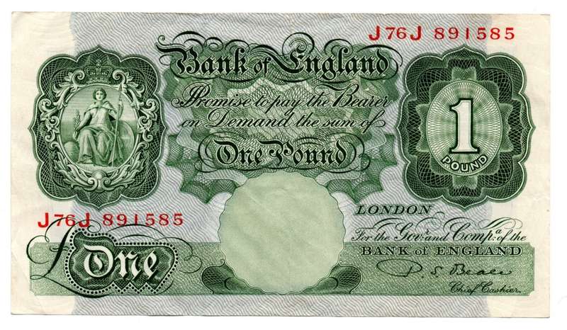 1948-60 Great Britain 1 Pound Pick#369b, top edge tear through `England`