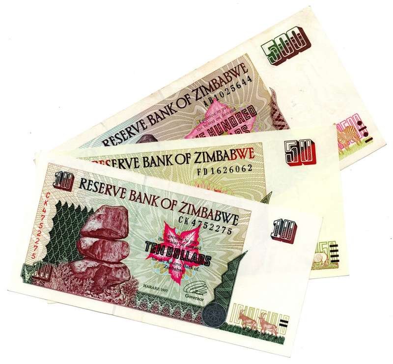 Zimbabwe 3 note lot, $10-$500